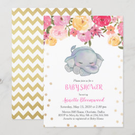Invitación Baby Shower floral rosa para elefante durmiente