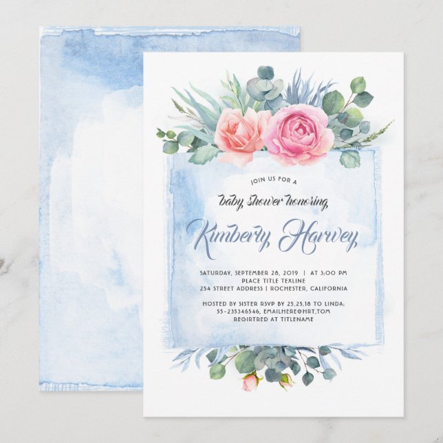 Invitación Baby Shower floral rosa y azul turbio (Anverso / Reverso)