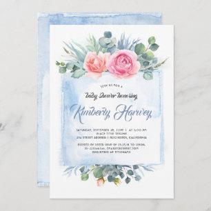 Invitación Baby Shower floral rosa y azul turbio