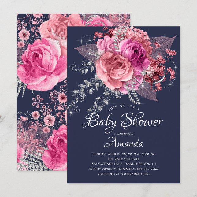 Invitación Baby Shower floral rosa y plateado de la marina (Anverso / Reverso)
