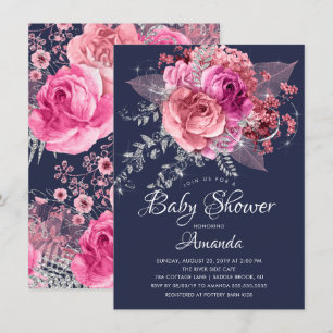 Invitación Baby Shower floral rosa y plateado de la marina