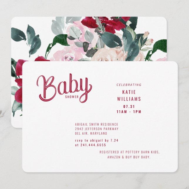Invitación Baby Shower floral rosa y rojo negrita (Anverso / Reverso)