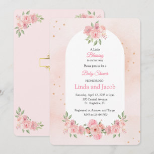 Invitación Baby Shower Floral Rosado Cristiano con Cruz Dorad