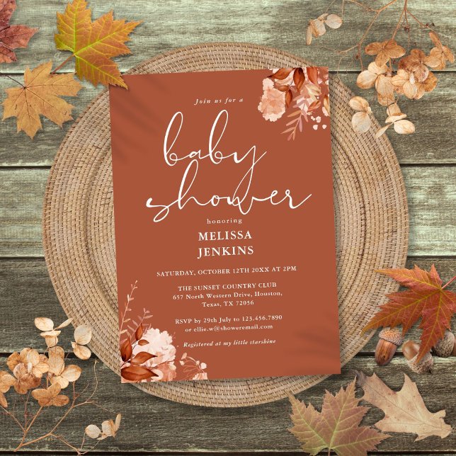 Invitación Baby Shower Floral Rústico de Otoño (Rustic Floral Autumn Fall Baby Shower Invitation)