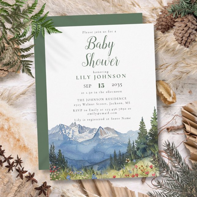 Invitación Baby Shower Floral Silvestre Montañés Moderno Rúst (Rustic Modern Mountain Wildflower Baby Shower Invitation)
