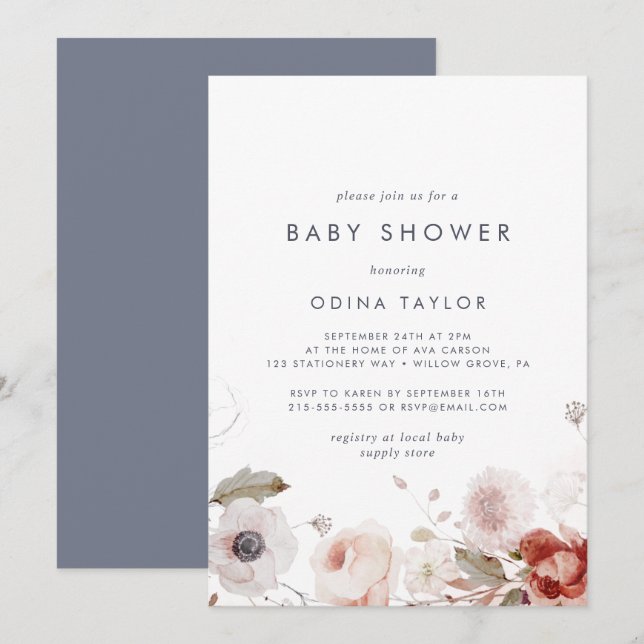 Invitación Baby Shower floral simple (Anverso / Reverso)