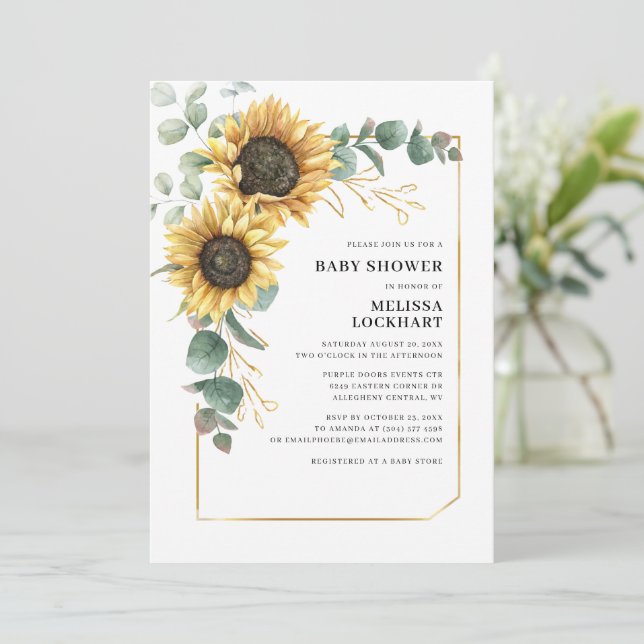 Invitación Baby Shower Floral Sunflower Eucalyptus Greenery (Anverso de pie)