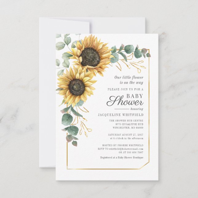 Invitación Baby Shower Floral Sunflower Eucalyptus Greenery (Anverso)