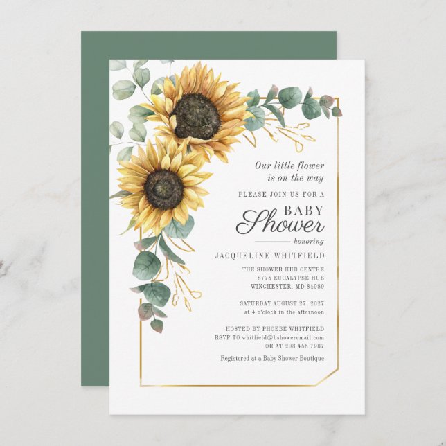 Invitación Baby Shower Floral Sunflower Eucalyptus Greenery (Anverso / Reverso)