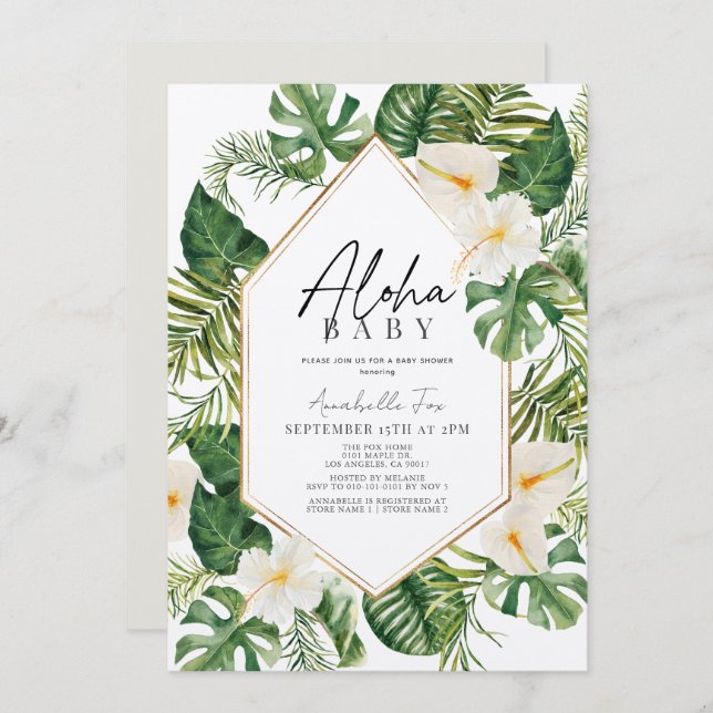 Invitación Baby Shower floral tropical blanco Aloha Baby (Anverso / Reverso)