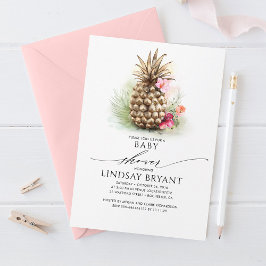 Invitación Baby Shower Floral Tropical Gold Pineapple Beach