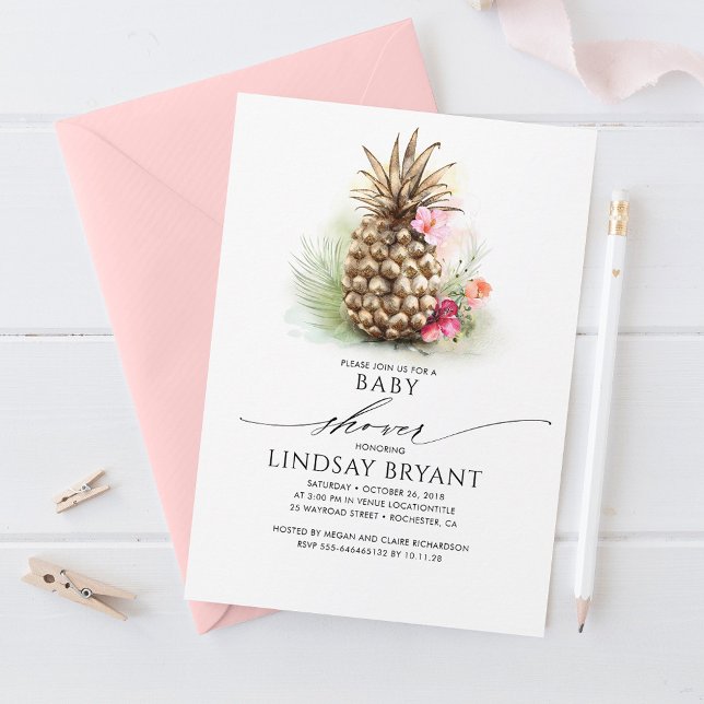 Invitación Baby Shower Floral Tropical Gold Pineapple Beach (Subido por el creador)