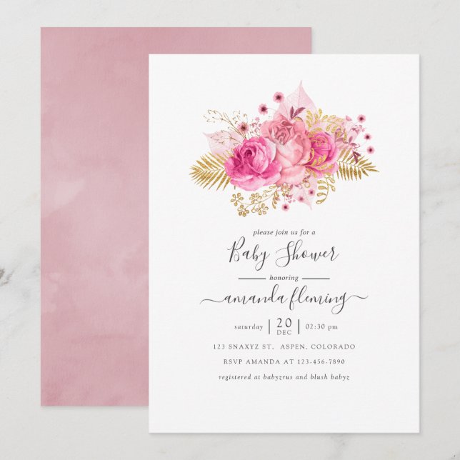 Invitación Baby Shower floral tropical rosa y dorado (Anverso / Reverso)