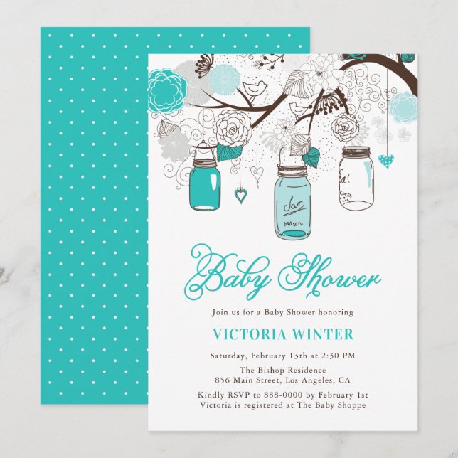 Invitación Baby Shower Floral Turquesa Hanging Mason Jars (Anverso / Reverso)
