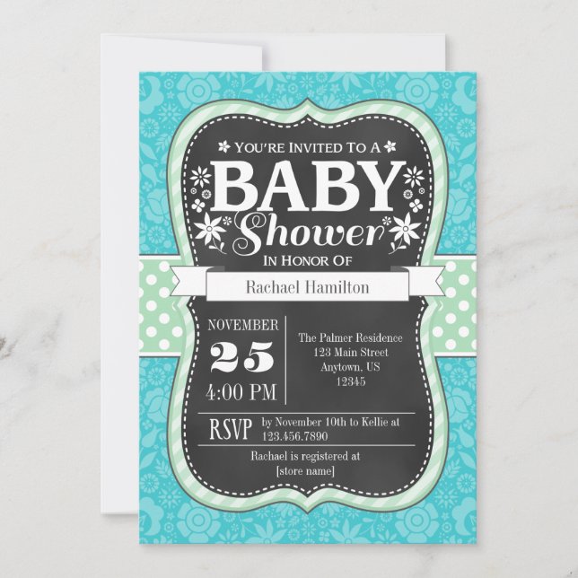 Invitación Baby Shower floral Turquoise Mint Chalkboard (Anverso)