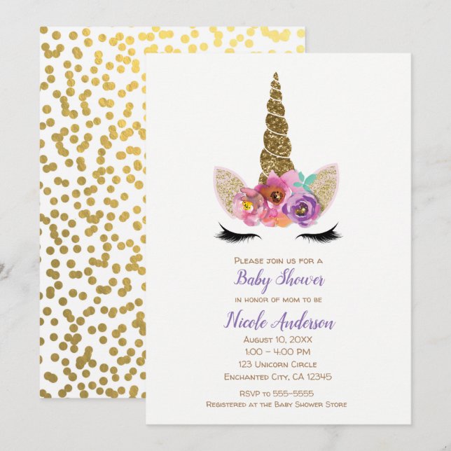 Invitación Baby Shower Floral Unicorn Horn Gold Confetti (Anverso / Reverso)