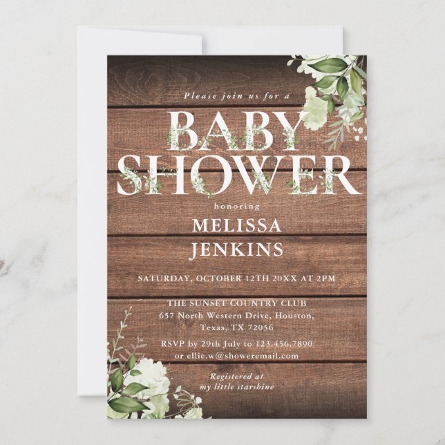 Invitación Baby Shower Floral Verde Madera Rústica (Anverso)