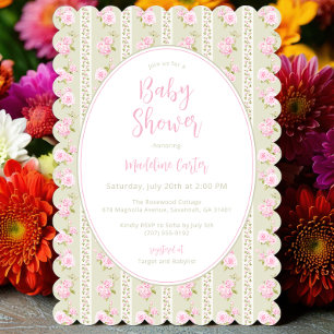 Invitación Baby Shower Floral Vintage Verde Musgo Niña