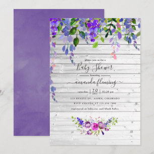 Invitación Baby Shower Floral Violeta Acuarela Rústica