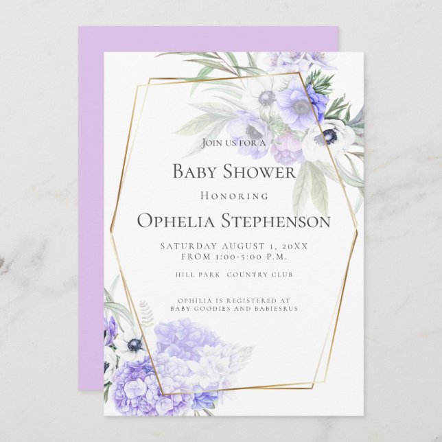 Invitación BABY SHOWER | Floral violeta anémona (Anverso / Reverso)