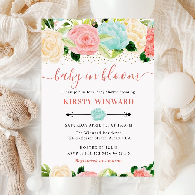 Invitación Baby Shower Flores Acuarela Rosa y Menta (Subido por el creador)