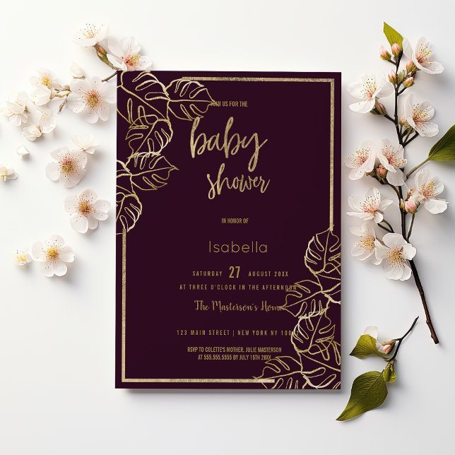 Invitación Baby Shower florido de oro rojo profundo de Burdeo (Bordeaux deep rich red gold floral Baby Shower)