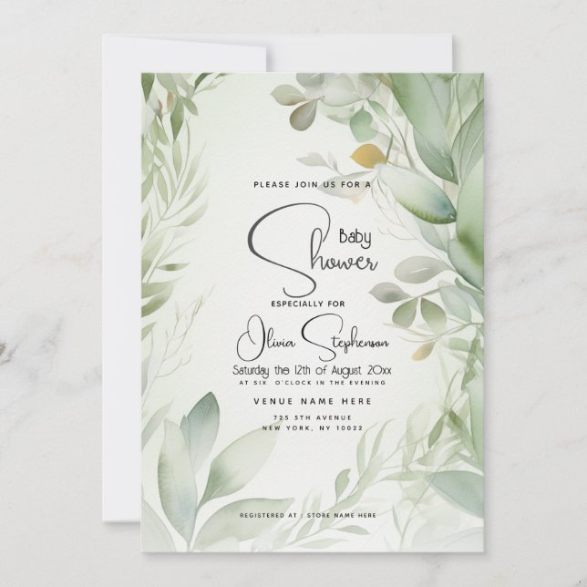Invitación Baby Shower- Foliage de color de agua leafy (Anverso)