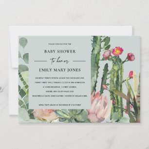 INVITACIÓN BABY SHOWER FOLIAGE GRIS BOHO PINK FLORAL CACTUS