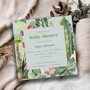 INVITACIÓN BABY SHOWER FOLIAGE GRIS PINK FLORAL DESERT CACTI