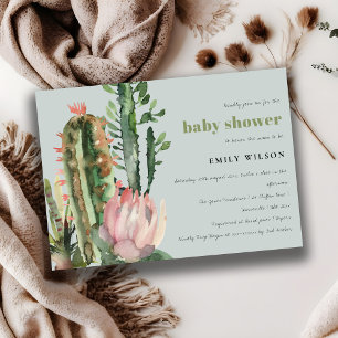 INVITACIÓN BABY SHOWER FOLIAGE GRIS PINK FLORAL DESERT CACTI