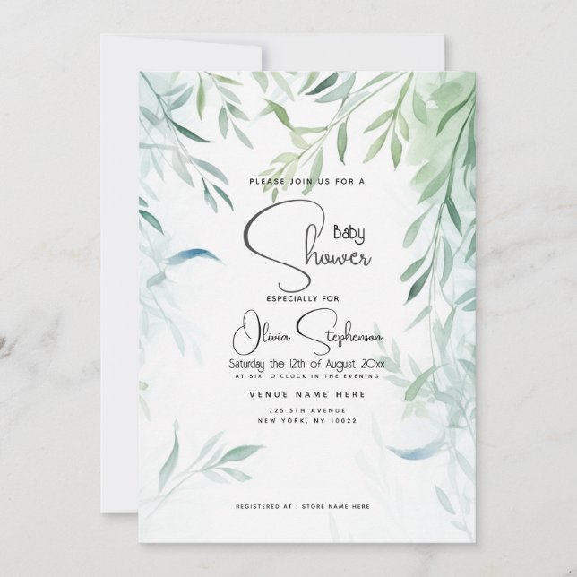 Invitación Baby Shower - Foliage verde azul (Anverso)