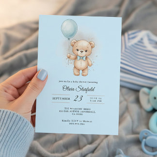Invitación Baby Shower for Boy Blue Balloon, Teddy Bear & Bow