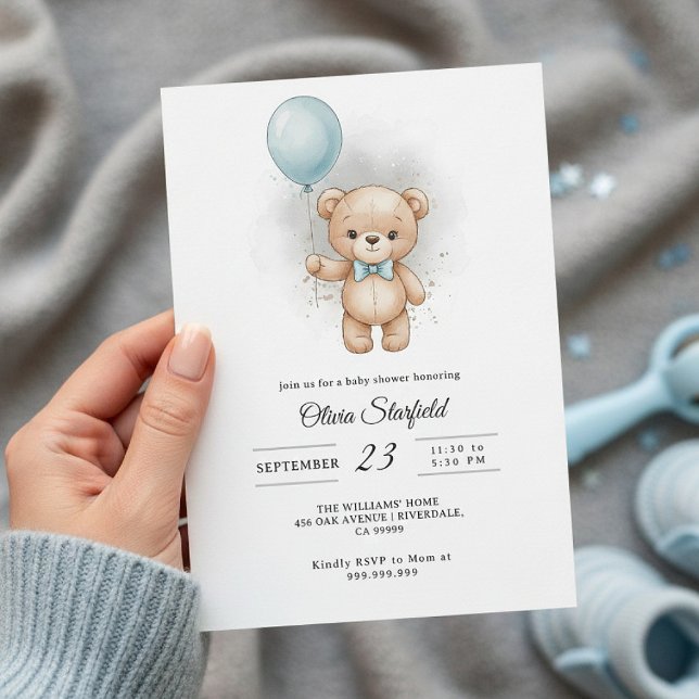 Invitación Baby Shower for Boy Blue Balloon, Teddy Bear & Bow (Subido por el creador)