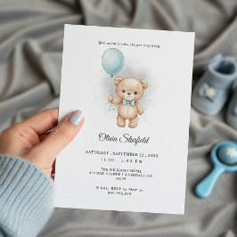 Invitación Baby Shower for Boy Blue Balloon, Teddy Bear & Bow