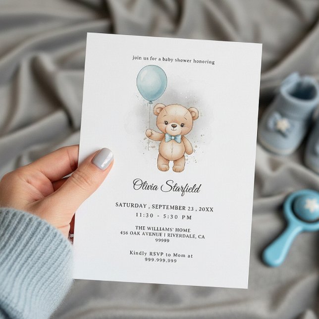 Invitación Baby Shower for Boy Blue Balloon, Teddy Bear & Bow (Subido por el creador)
