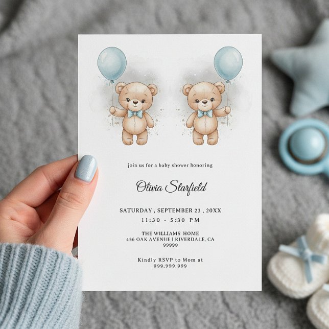 Invitación Baby Shower for Boy Blue Balloon, Teddy Bear & Bow (Subido por el creador)