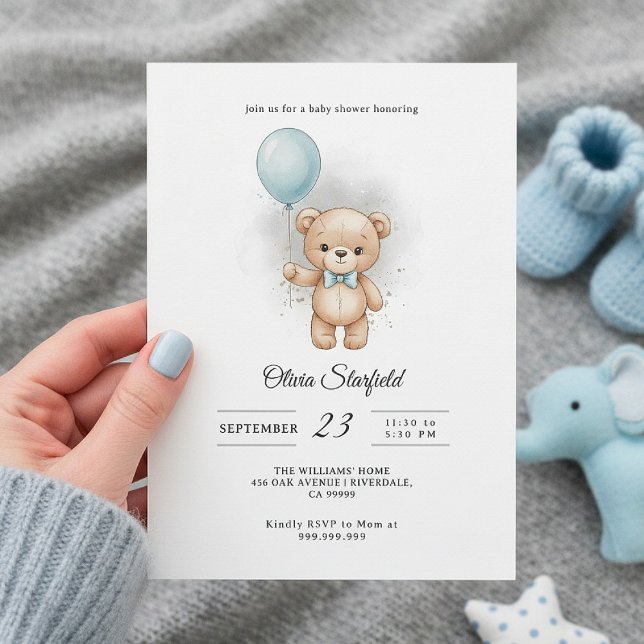 Invitación Baby Shower for Boy Blue Balloon, Teddy Bear & Bow (Subido por el creador)