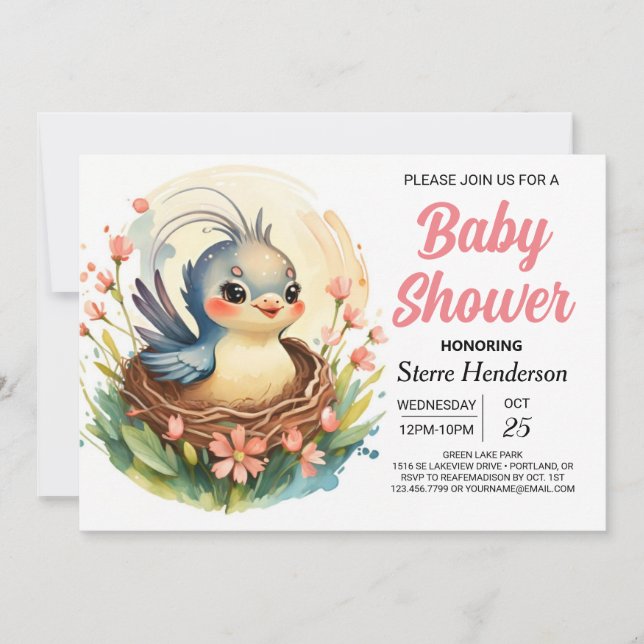 Invitación Baby Shower Forest Boho Girly Bird (Anverso)