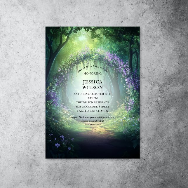Invitación Baby Shower forestal encantado de cuento de hadas  (enchanted woods with purple flowers)
