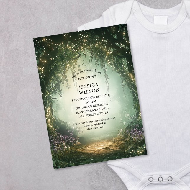 Invitación Baby Shower forestal encantado de cuento de hadas  (enchanted forest fairy tale baby shower, green and gold color)