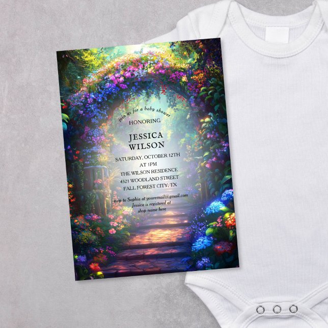 Invitación Baby Shower forestal encantado de cuento de hadas  (colorful enchanted garden with floral arch baby shower invitation)