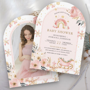 Invitación Baby Shower Foto de Invierno Arcoíris Boho Rosa