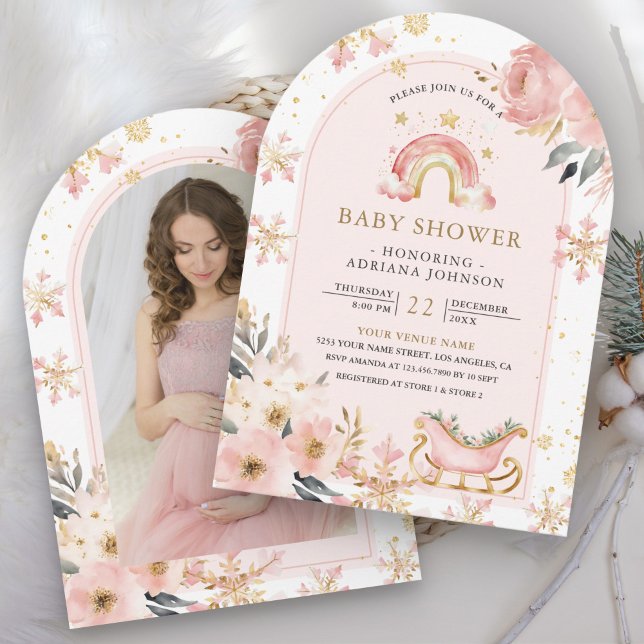 Invitación Baby Shower Foto de Invierno Arcoíris Boho Rosa (Subido por el creador)