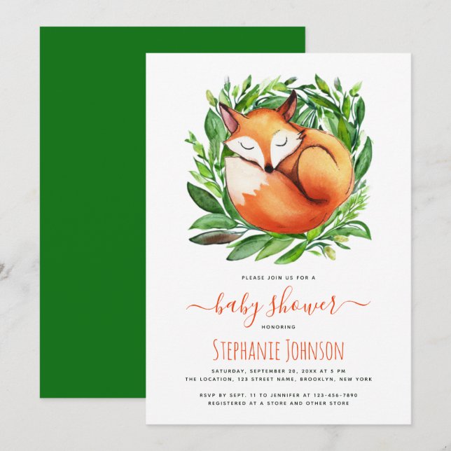 Invitación Baby Shower Fox durmiendo en la vegetación de la s (Anverso / Reverso)