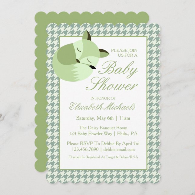 Invitación Baby Shower Fox verde (Anverso / Reverso)
