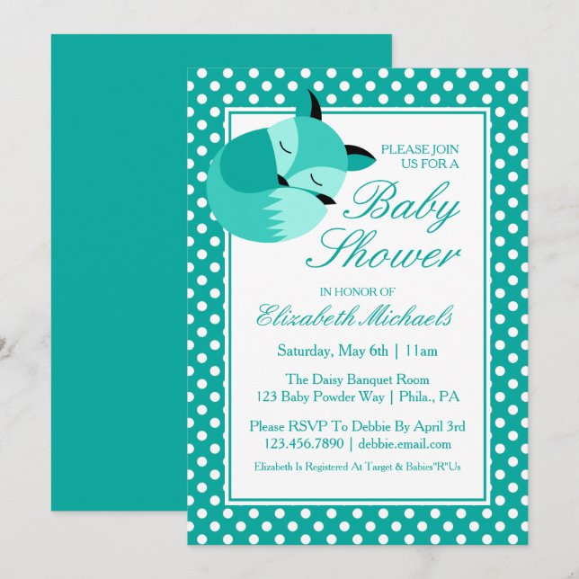 Invitación Baby Shower Fox verde azulado (Anverso / Reverso)