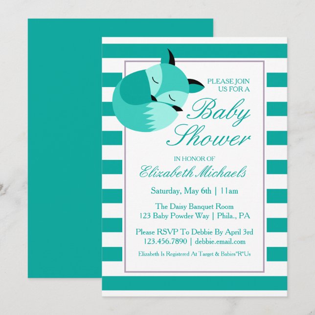 Invitación Baby Shower Fox verde azulado (Anverso / Reverso)