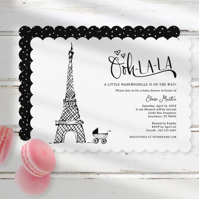 Invitación Baby Shower francesa de Black White Par (Shown on a 5" x 7" card with scalloped edges)