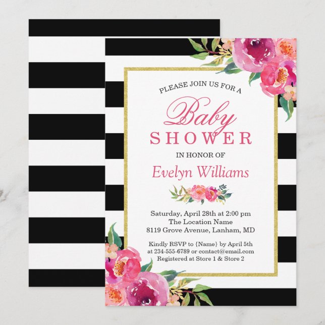 Invitación Baby Shower Fuchsia Rayos morados rojos florales (Anverso / Reverso)