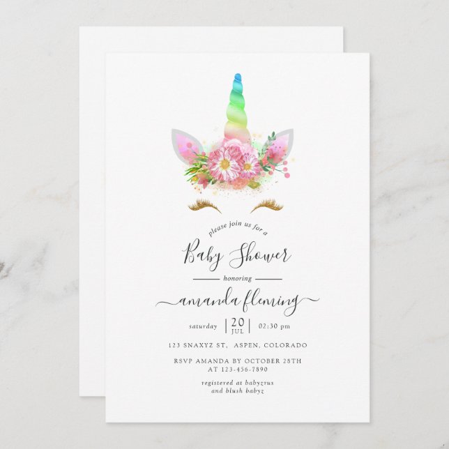 Invitación Baby Shower Galaxy Rainbow Floral Unicorn (Anverso / Reverso)